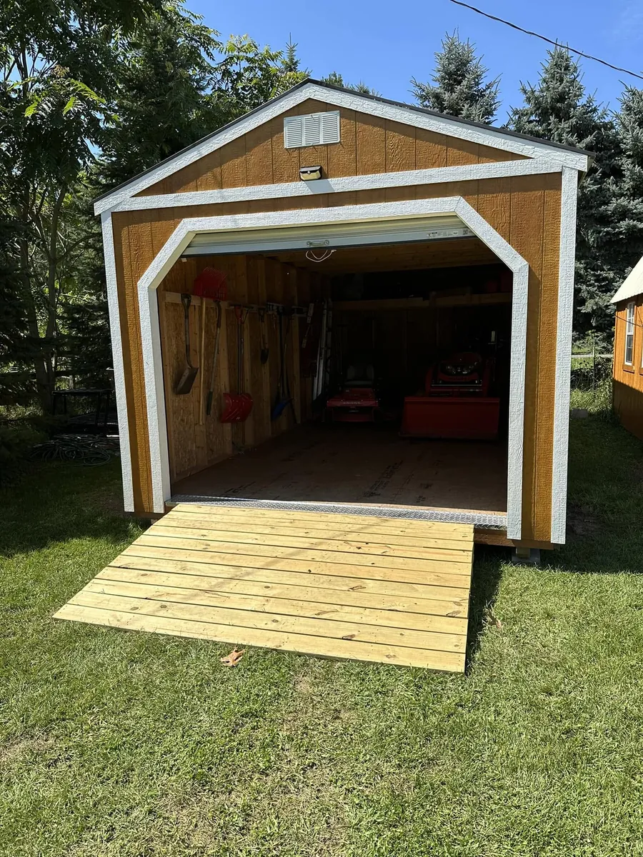 Two photos: wood-tone 12x24 garage with open garage door and ramp, two angles
