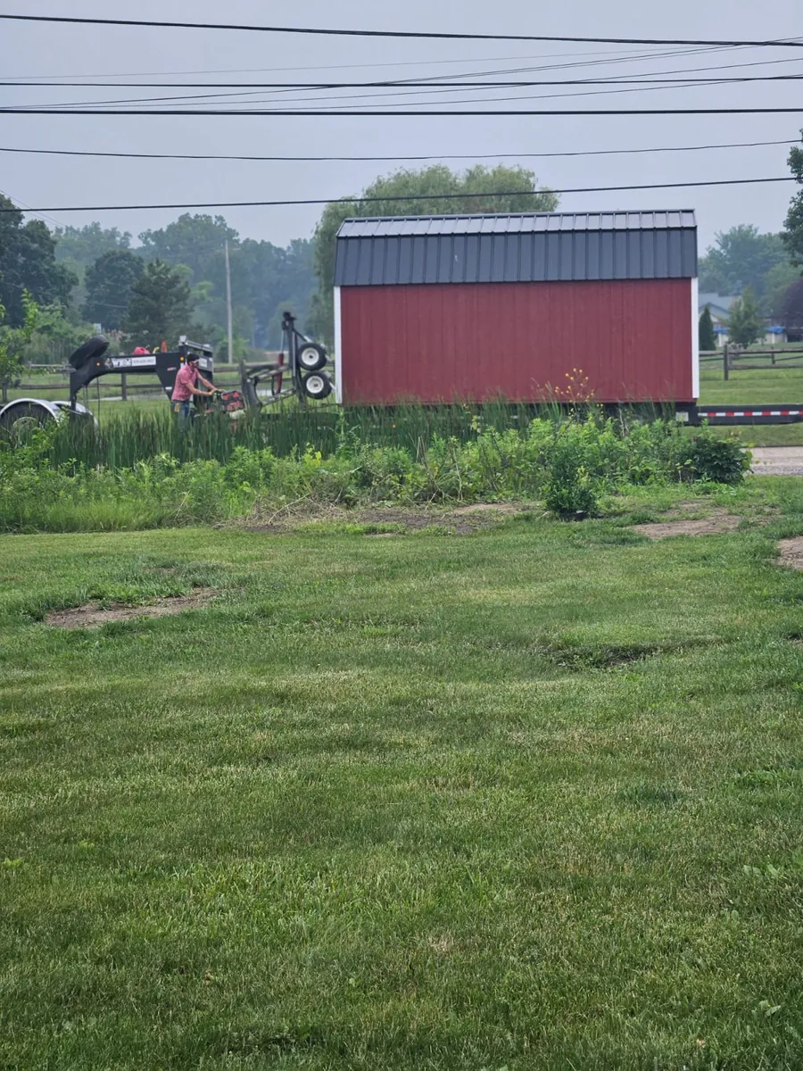 Red shed with black metal roof on a delivery trailer along a roadside seen across a lawn.